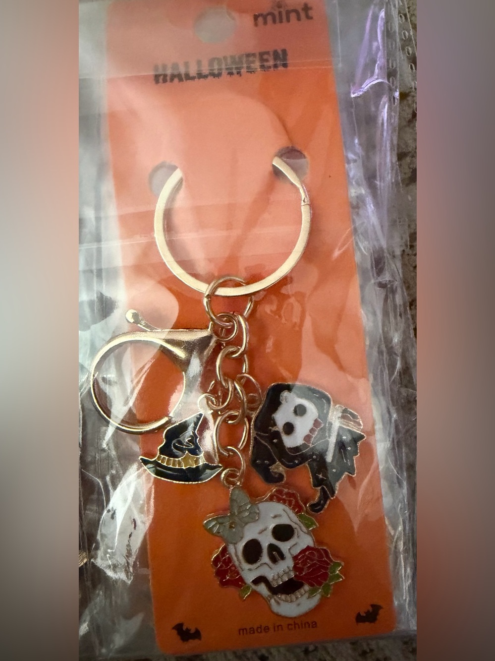 Mint Gold-Tone Halloween Skull Charm Keychain with Black and White Accents